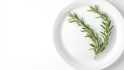 Fresh rosemary sprigs arranged on a white plate, against a plain white background