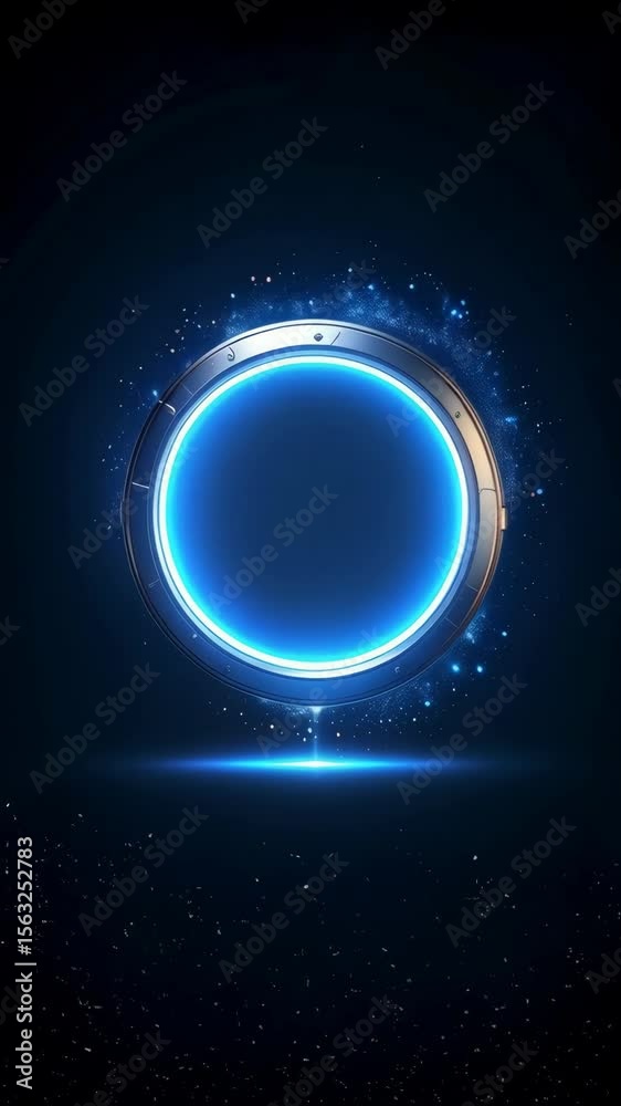 Poster abstract round portal with a neon ring hovering above blue stardust with lens flare effect and dark 