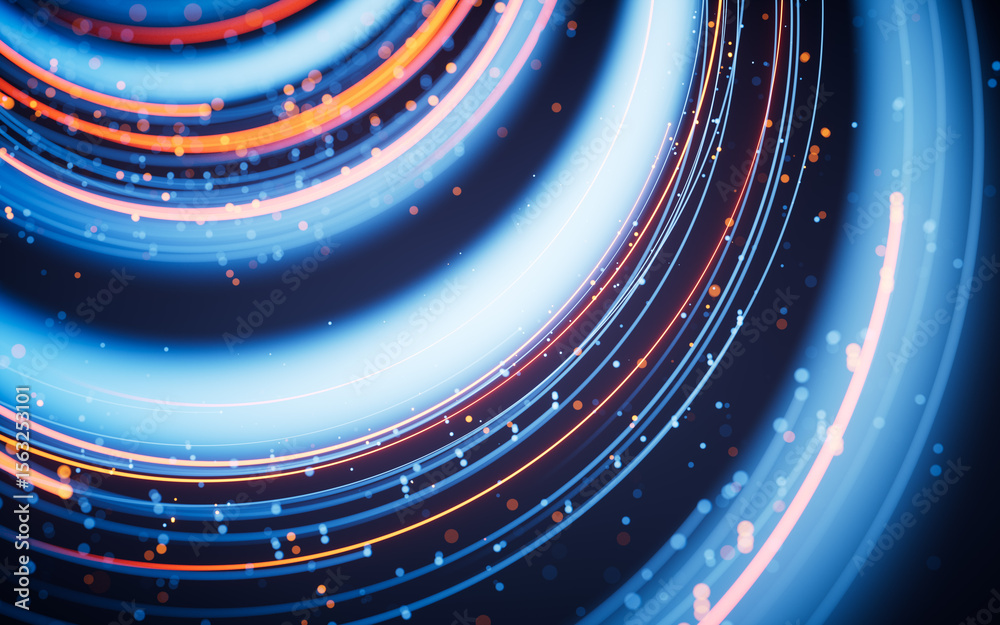 Poster rotating glowing vortex lines and particles background, 3d rendering.