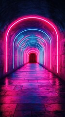 Obraz premium Vibrant neon lights illuminate a modern tunnel creating an otherworldly atmosphere at night