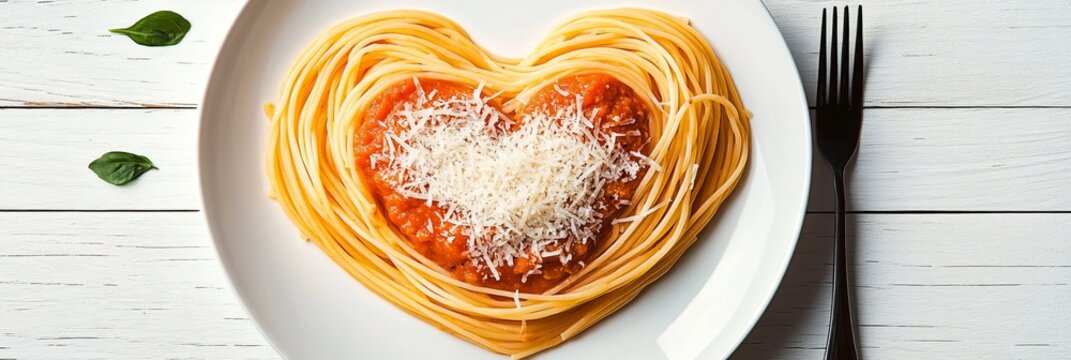 Heart-Shaped Spaghetti with Delicious Sauce and Grated Cheese on a Rustic Wooden Table Setting