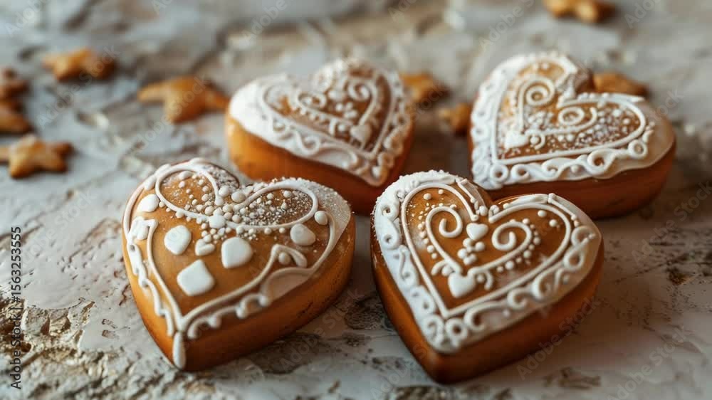 Poster a close up view of three heart shaped cookies on a table
