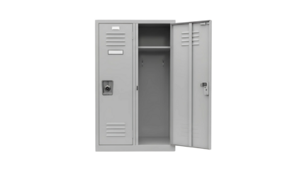 A gray metal locker with one door open, revealing empty interior shelves.