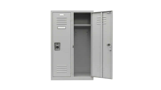 A gray metal locker with one door open, revealing empty interior shelves.