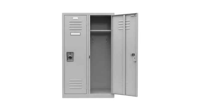A gray metal locker with one door open, revealing empty interior shelves.