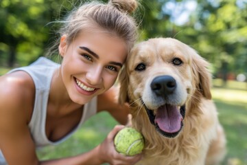Young woman enjoys playful moments with her golden retriever in a sunny park