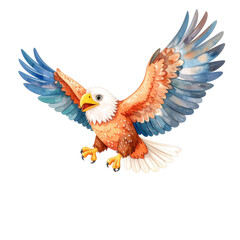 Obraz premium Majestic Eagle in Flight: A regal eagle soars through the air, its wings outstretched, capturing a moment of power and grace, depicted through watercolor illustration.