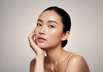 Cosmetic skincare beauty concept, Bright beautiful female Asian model very clear and clean face and skin in studio shot. portrait photograph, art, cute, lifestyle, style, eyes, emotion, background .