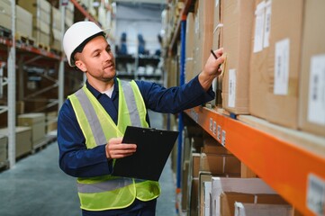 Portrait of warehouseman with clipboard checking delivery, stock in warehouse