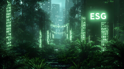 Obraz premium Digital illustration of ESG concept with data analytics charts and nature elements, symbolizing ethical, sustainable, and responsible business reporting and environmental stewardship 34395445 4