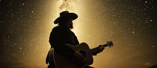 Silhouetted musician plays acoustic guitar under a breathtaking starry night sky