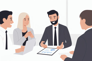 A business meeting scene with a man and a woman discussing at a table, documents in front