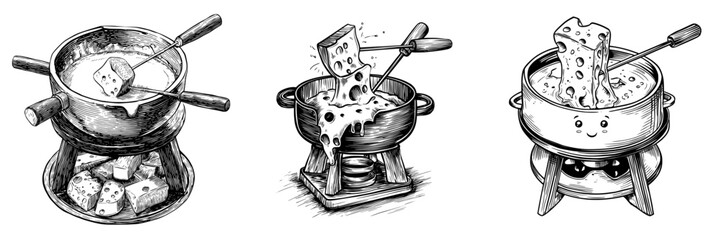 The illustration features a sketch of Swiss cheese fondue, along with a hand-drawn food image, a melted cheese symbol, and a modern raclette picture, none of which are stock