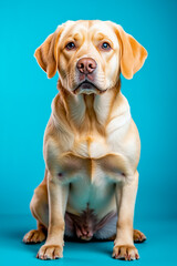 Fototapeta premium A yellow labrador retriever dog sitting on a blue background