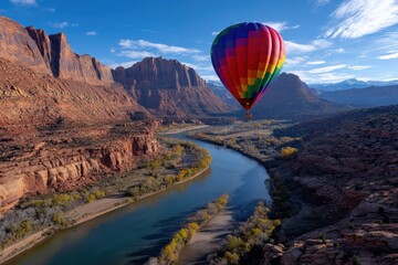 Obraz premium Hot air balloon floats over a winding river in a colorful canyon landscape