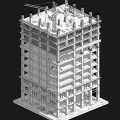 Isometric view of a high-rise building under construction, showcasing its skeletal framework and ongoing work.
