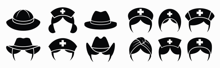 nurse icon illustration set various hats icon silhouette vector white background.