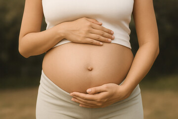 A pregnant woman gently places her hands on her belly
