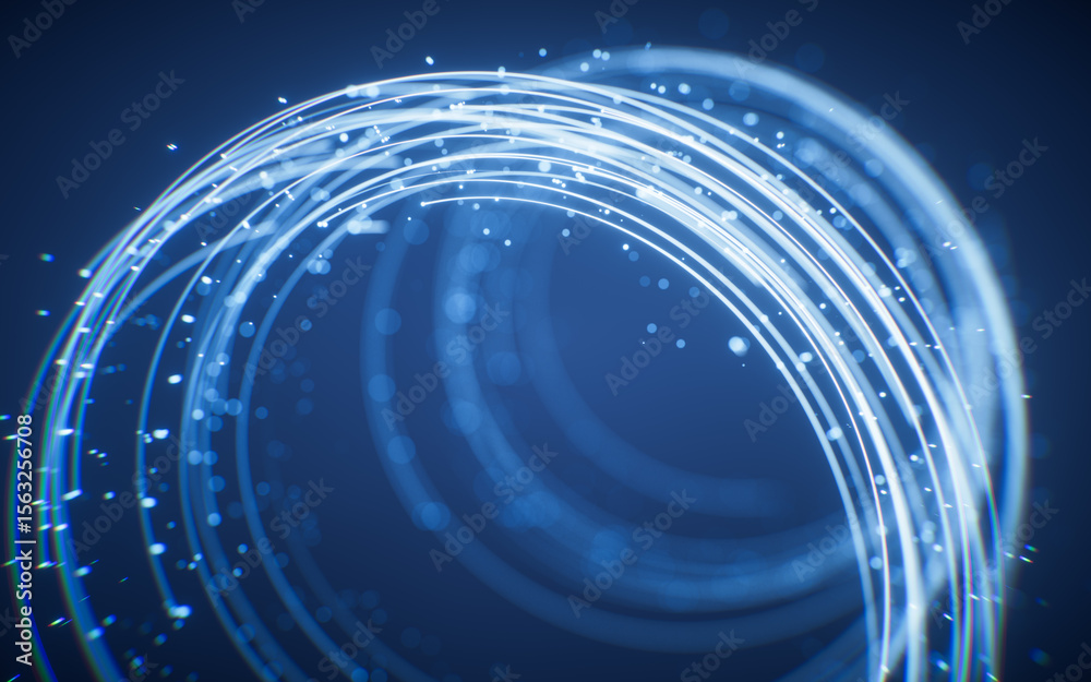 Poster rotating glowing vortex lines and particles background, 3d rendering.