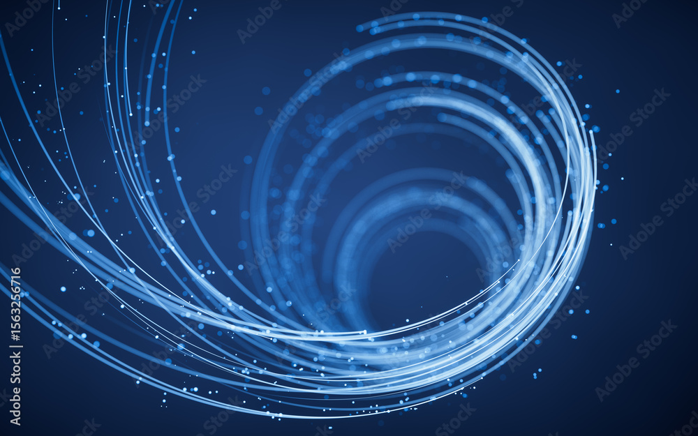 Poster rotating glowing vortex lines and particles background, 3d rendering.