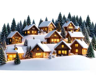 Hilltop Snow Village with Festive Lights and Frosty Trees Transparent PNG