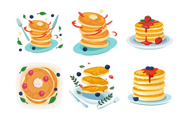 Set of pancakes set illustration. Stacks of tasty pancakes with, cherry, blueberry, strawberry, butter, chocolate, fruits Delicious breakfast food vector illustrations. American brunch berries nuts