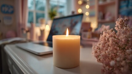 POV lighting a candle next to laptop, clean workspace aesthetic, chill study mode