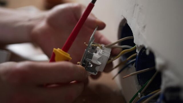 Professional electrician carefully connecting wires and installing wall sockets with specialized tools, demonstrating precise electrical work techniques within residential interior setting