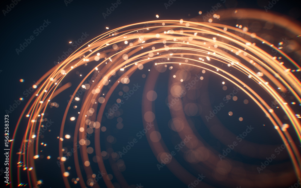 Poster rotating glowing vortex lines and particles background, 3d rendering.