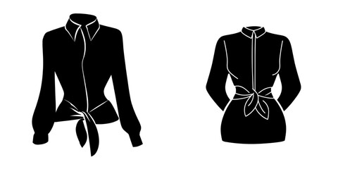 Modern illustration of a formal pant and blouse with a knotted waist and bishop sleeve, featuring a narrow collar, for women, in a flat sketch style