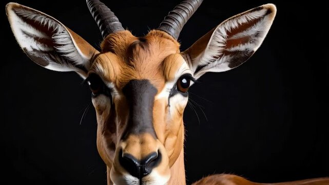 Close-up of an impala head against a dark background. The animal has horns, large ears, and brown fur.  A wildlife photography in a studio environment.