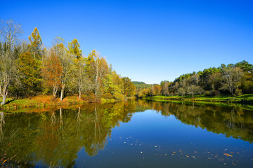 Landscape at the Gerolstein reservoir in autumn. Idyllic nature at the lake in the Eifel region.
