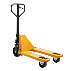 Yellow pallet jack with black handle and wheels for warehouse use  isolate 