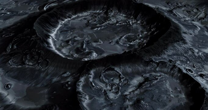 A deep crater dominates the barren lunar landscape, showcasing rugged terrain and intricate geological features. The surrounding area is shadowed and mysterious, enhancing the craters prominence.