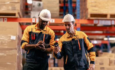 Warehouse manager, store inspector checking stock on storage shelf from inventory checklist. Two...