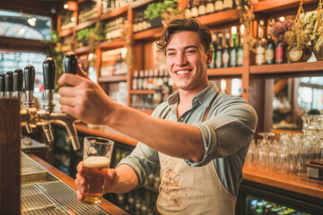 Man Serving Draught Beer at Pub Gathering, Nightlife, Socializing