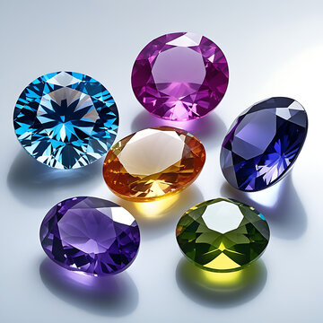 The image features a variety of gemstones including blue diamonds, turquoise pink, amethyst purple, citrine yellow, iolite smokey blue, topaz lighter blue, andperidot green, all set against a white ba