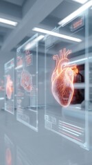 Futuristic cardiology interface with glowing heart scans in high-tech hospital corridor ideal for health diagnostics, medical UI/UX design and digital healthcare