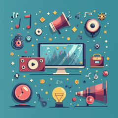 Obraz premium Illustration of a monitor surrounded by music notes, camera, lightbulb, megaphone, and other media elements.