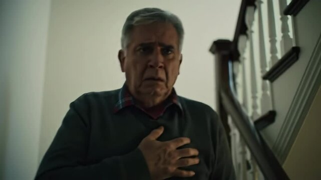 Senior man clutching chest near staircase, experiencing chest pain in home interior &ndash; health concept, aging, emergency risk