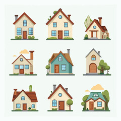 Collection of charming cartoon houses, diverse architectural styles, front views.