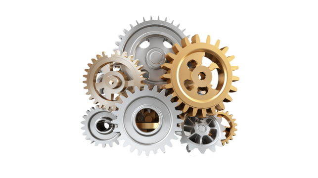 A collection of silver and gold gears interlocked on a black background view
