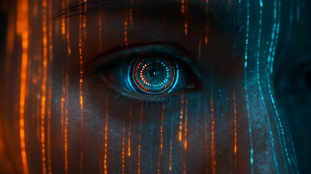Eye Tracking Digital Data Stream in Futuristic Close-Up Vision