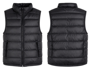 Stylish black puffer vest for cold weather.