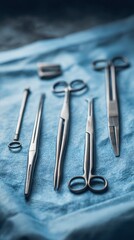 Set of surgical stainless steel instruments laid out on blue sterile cloth in operating room environment ideal for surgery visuals, healthcare tools and clinical precision themes