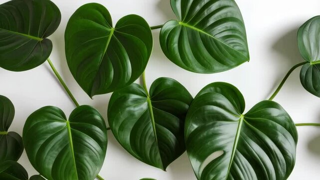 Close-up of glossy green heart-shaped philodendron leaves and stems against a white background, emphasizing vibrant color and organic textures.