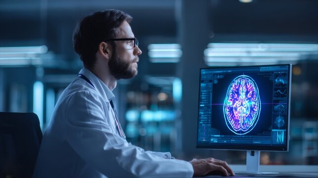Focused scientist in white lab coat and glasses analyzing vivid brain scan with purple, blue, and pink hues on computer monitor in modern dimly-lit laboratory.