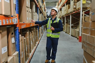Portrait of warehouseman with clipboard checking delivery, stock in warehouse. Warehouse worker...