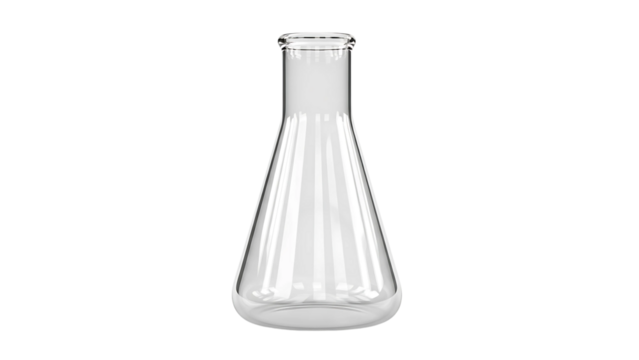 Empty clear glass conical flask, isolated on white background.