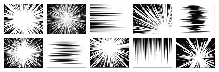 A collage displays black and white manga speed line effects in boxed frames arranged in a 2x5 grid